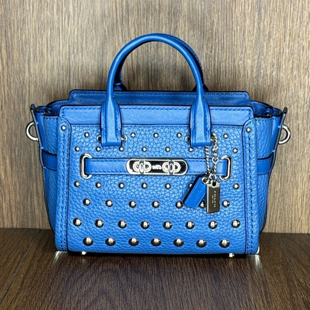Coach Swagger 15 Lapis Blue Ombre Rivet Studded Pebble Leather Mini Satchel